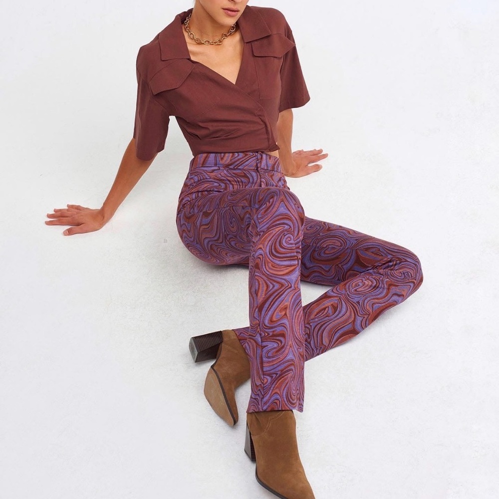 Zara Purple Brown Swirl High Rise Y2k Semi-flare Pants Zip Size Xs NWT
